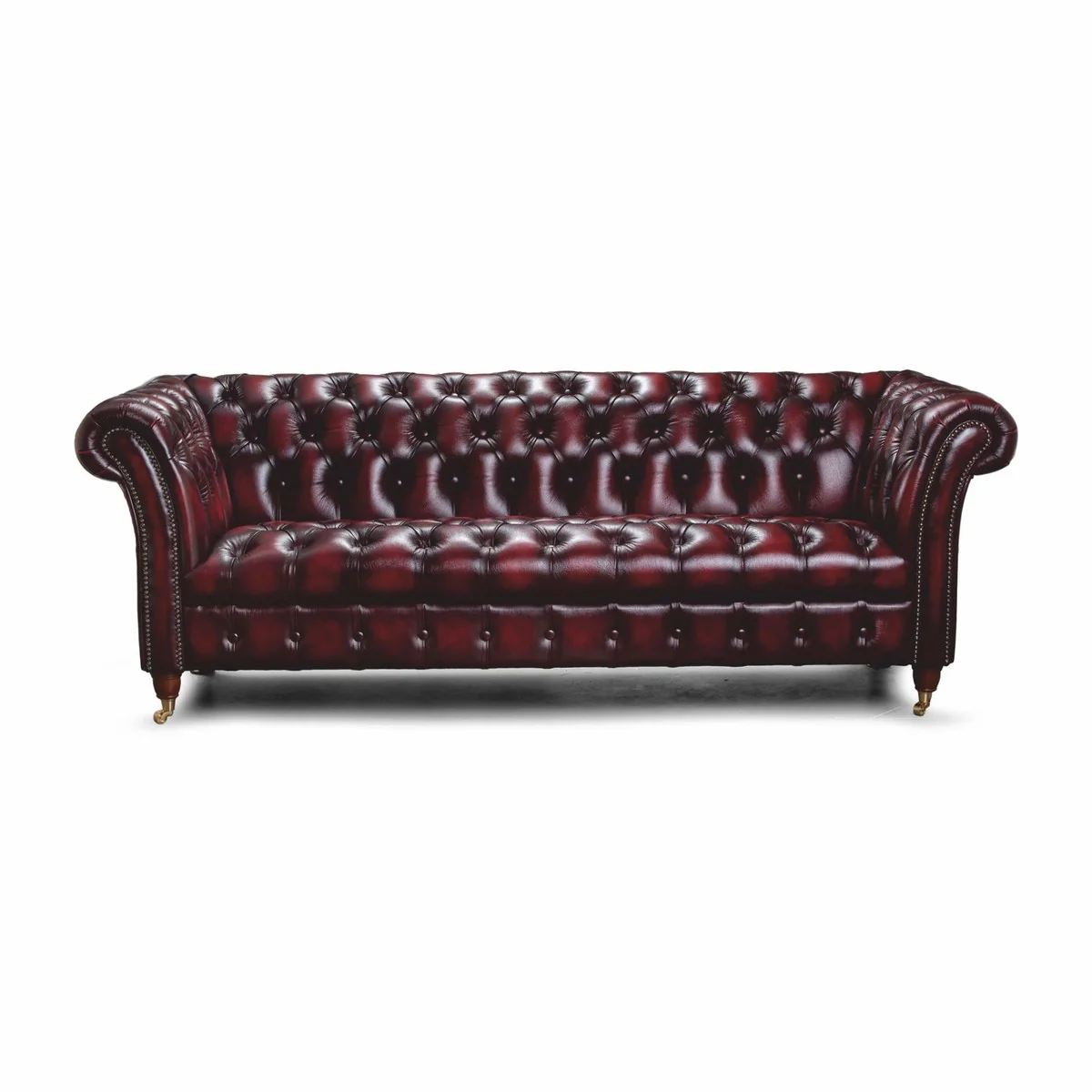 Luxus Chesterfield Leder 2er Sofa Dunkelweinrot / Messing 200 cm - Echtleder Möbel
