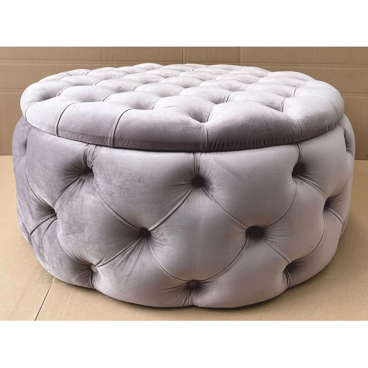 Luxus Chesterfield Rundhocker mit Stauraum Grau Ø 100 x H. 45 cm