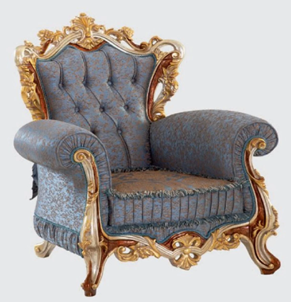 Luxus Barock Wohnzimmer Set Blau / Kupfer / Silber / Braun / Gold - 2 Sofas & 2 Sessel & 1 Couchtisch - Handgefertigte Wohnzimmer Möbel im Barockstil - Edel & Prunkvoll