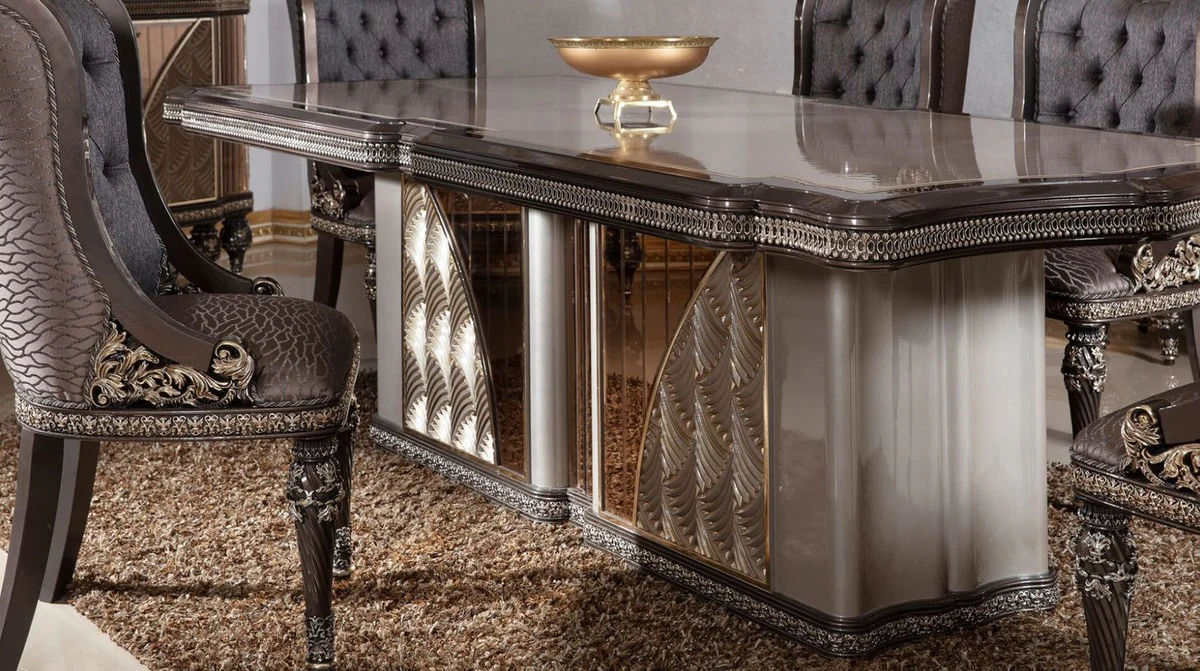 Luxus Barock Esszimmer Set Blau / Grau / Dunkelbraun / Gold - 1 Barock Esstisch & 6 Barock Esszimmerstühle - Luxus Esszimmer Möbel im Barockstil - Barock Möbel - Edel & Prunkvoll