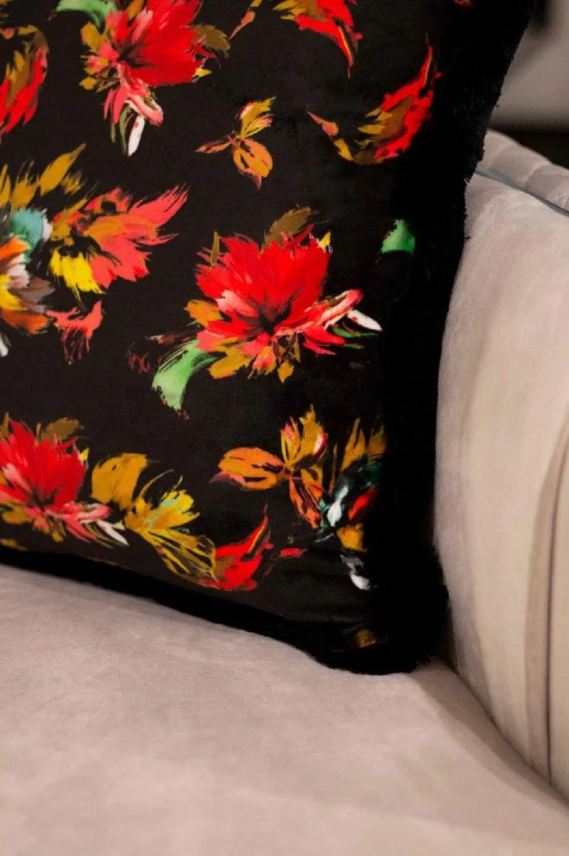 Luxus Deko Kissen Herbstblätter Design Schwarz / Mehrfarbig 45 x 45 cm - Bedrucktes Samt Kissen mit Fransen - Deko Accessoires