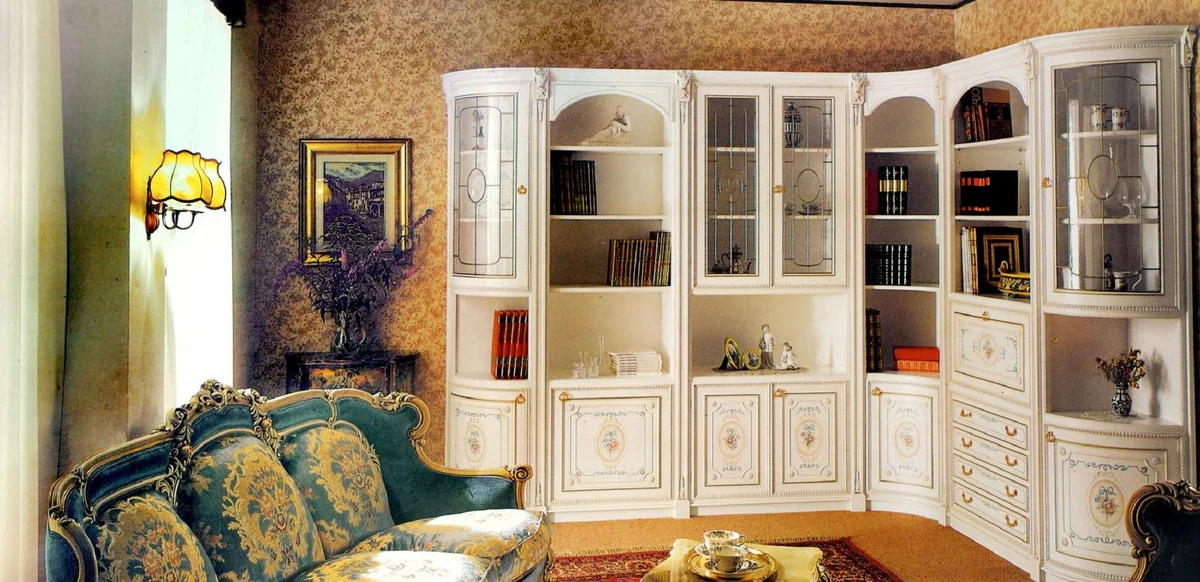 Luxus Barock Eckschrank Weiß / Mehrfarbig / Gold - Barock Massivholz Wohnzimmer Schrank - Barock Wohnzimmer Möbel - Erstklassische Qualität - Made in Italy