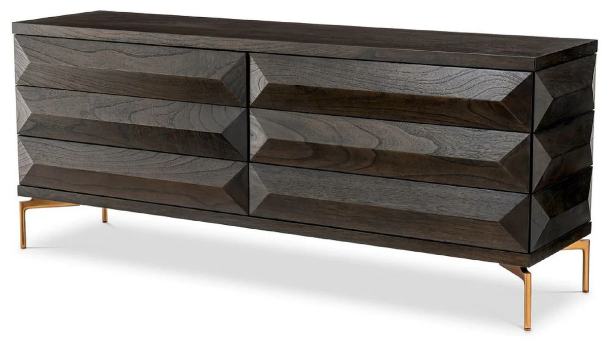 Luxus Massivholz Kommode mit 6 Schubladen Mokka / Messing 182 x 48 x H. 75 cm - Schlafzimmer Kommode - Schlafzimmer Möbel - Luxus Möbel - Luxus Einrichtung - Möbel Luxus