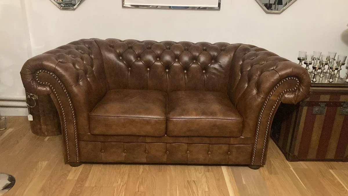 Luxus Chesterfield Leder 2er Sofa Vintage Braun 170 x 90 x H. 80 cm - Echtleder Wohnzimmer Sofa - Wohnzimmer Möbel - Chesterfield Möbel - Luxus Möbel - Luxus Wohnzimmer Einrichtung
