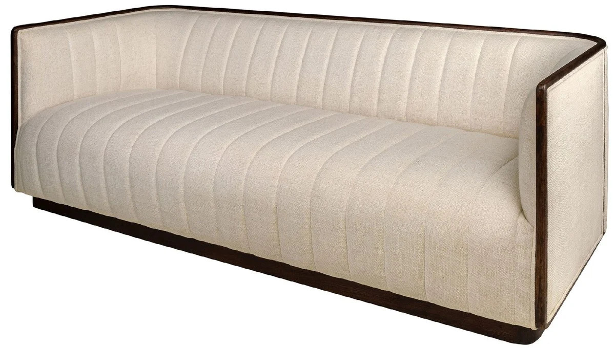 Luxus Sofa Beige / Dunkelbraun 202 x 82,5 x H. 75,5 cm - Wohnzimmer Sofa mit edlem Mindiholz und Sesam Stoff - Wohnzimmer Möbel - Luxus Qualität