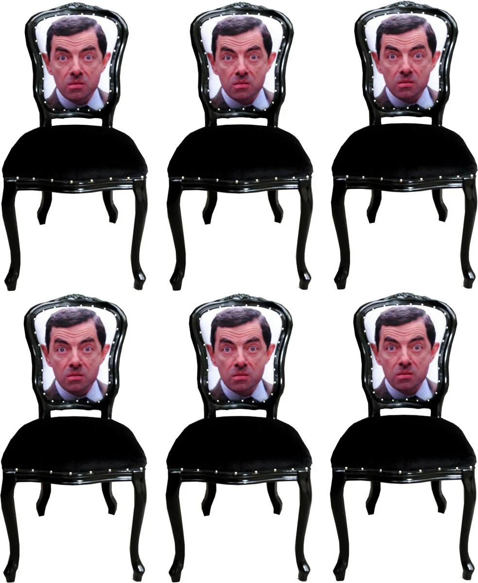 Luxus Barock Esszimmer Set Karikatur Mehrfarbig / Schwarz 55 x 54 x H. 103 cm - 6 handgefertigte Esszimmerstühle - Designer Stühle - Barock Esszimmermöbel