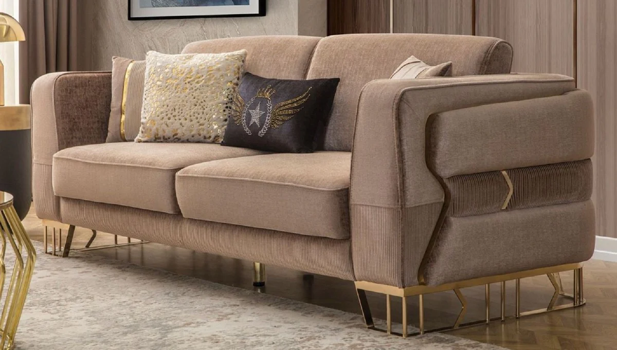 Luxus Sofa Braun / Gold 230 x 90 x H. 77 cm - Wohnzimmer Sofa - Hotel Sofa - Wohnzimmer Möbel - Hotel Möbel - Luxus Möbel - Wohnzimmer Einrichtung - Luxus Einrichtung