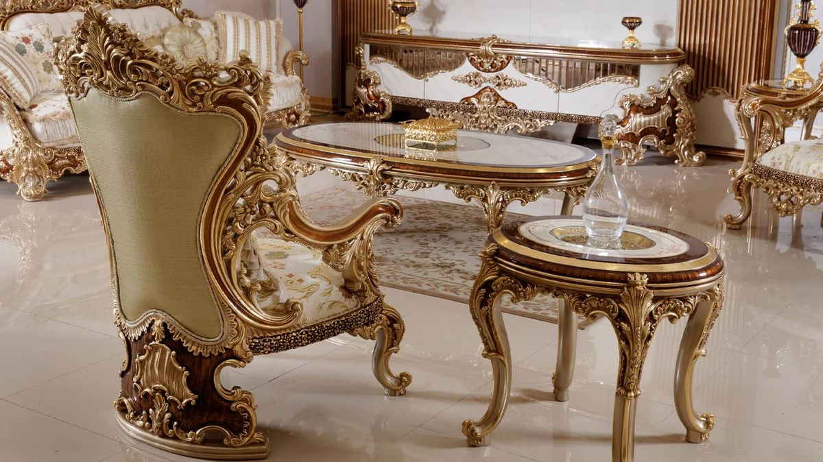 Luxus Barock Couchtisch Weiß / Braun / Gold - Prunkvoller Wohnzimmertisch mit Glasplatte - Barock Wohnzimmer Möbel - Edel & Prunkvoll