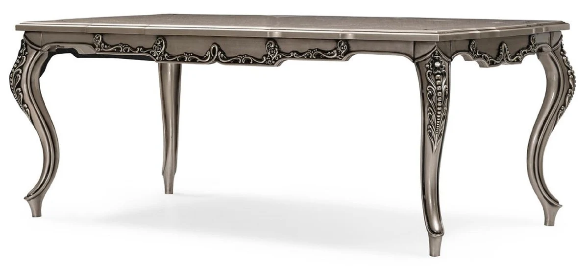 Luxus Barock Esszimmer Set Grau / Silber - 1 Barock Esstisch & 6 Barock Esszimmerstühle - Luxus Esszimmer Möbel im Barockstil - Prunkvolle Barock Esszimmer Möbel