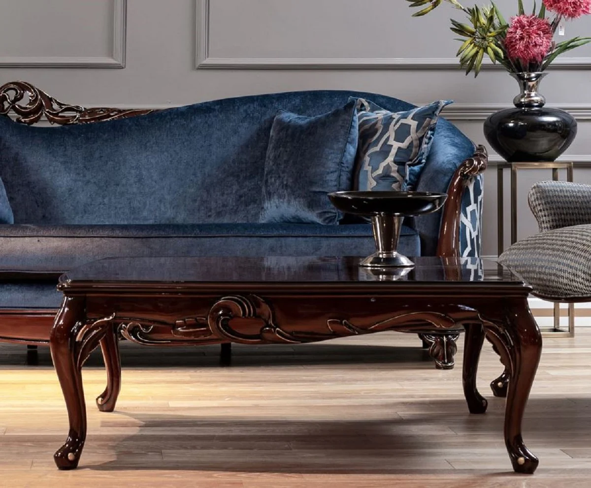 Luxus Barock Couchtisch Dunkelbraun / Gold - Handgefertigter Massivholz Wohnzimmertisch - Barock Wohnzimmer Möbel