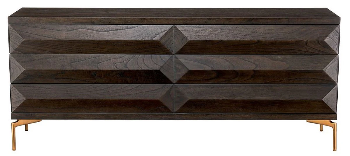 Luxus Massivholz Kommode mit 6 Schubladen Mokka / Messing 182 x 48 x H. 75 cm - Schlafzimmer Kommode - Schlafzimmer Möbel - Luxus Möbel - Luxus Einrichtung - Möbel Luxus
