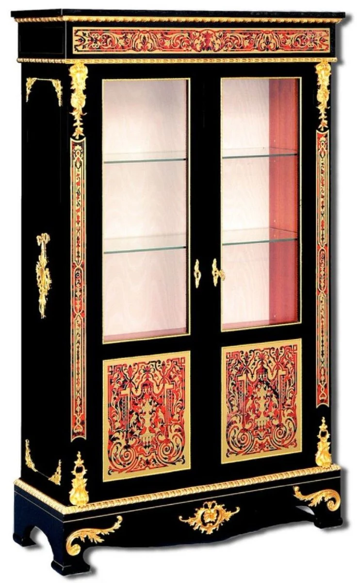 Luxus Barock Boulle Vitrine Schwarz / Rot / Gold 93 x 35 x H. 152 cm - Handgefertigter Massivholz Vitrinenschrank mit 2 Türen - Edle Barock Möbel