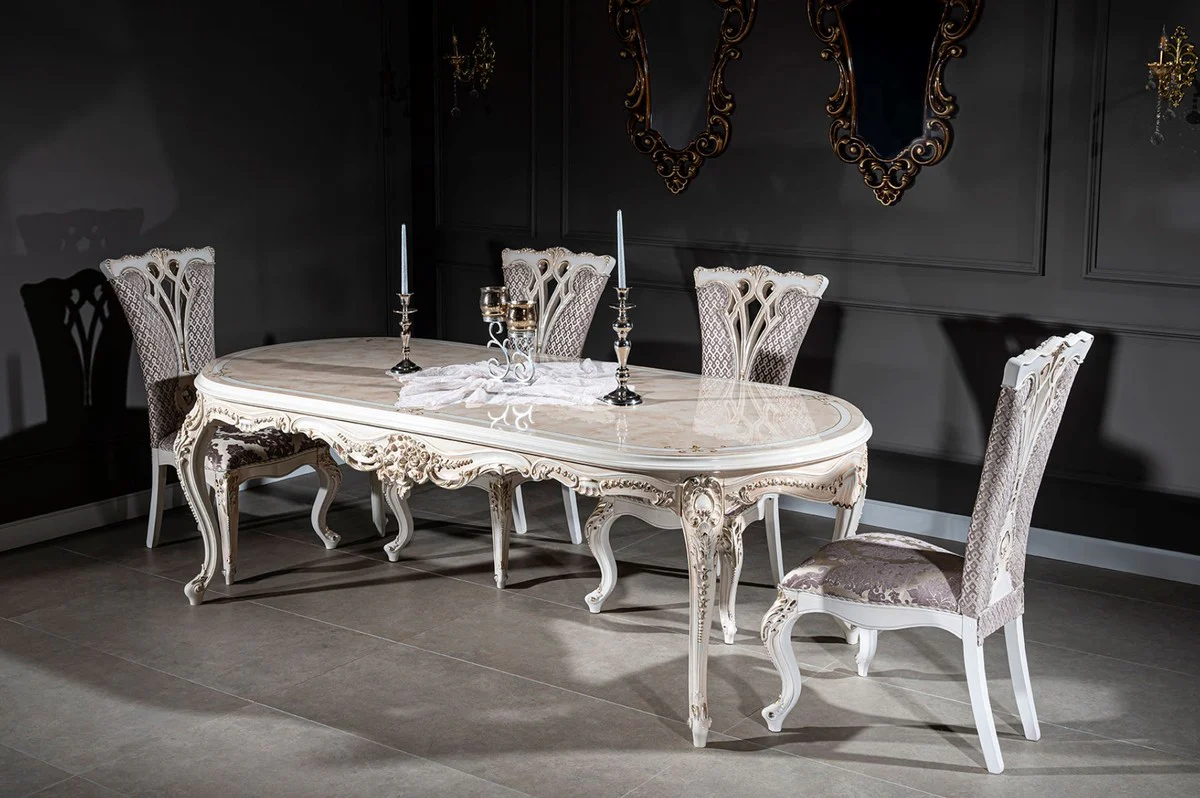 Luxus Barock Esszimmer Stuhl Set Lila / Beige / Weiß / Gold 57 x 65 x H. 113 cm - Küchen Stühle 6er Set - Prunkvolle Barock Esszimmer Möbel