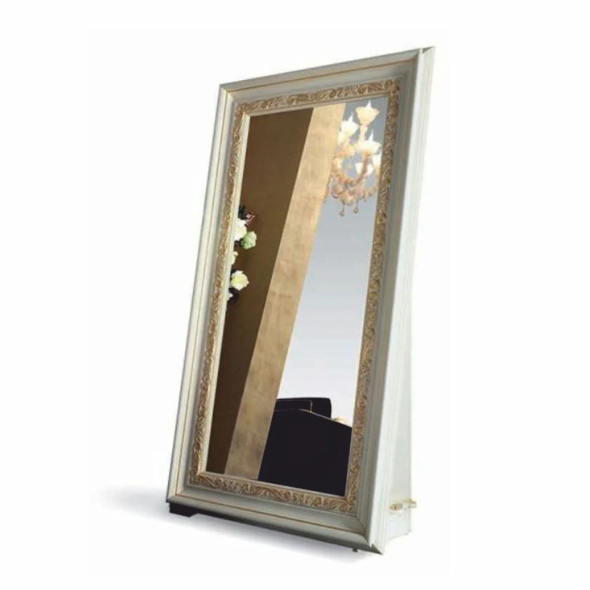 Luxus Barock Standspiegel Elfenbein / Gold H. 214 cm - Made in Italy