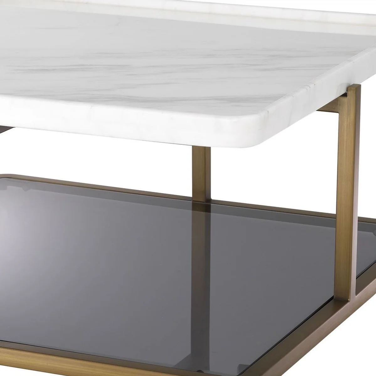 Luxus Couchtisch Messingfarben / Weiß / Grau 58 x 58 x H. 27,5 cm - Moderner Edelstahl Wohnzimmertisch mit Marmorplatte und getönter Glasplatte - Luxus Möbel