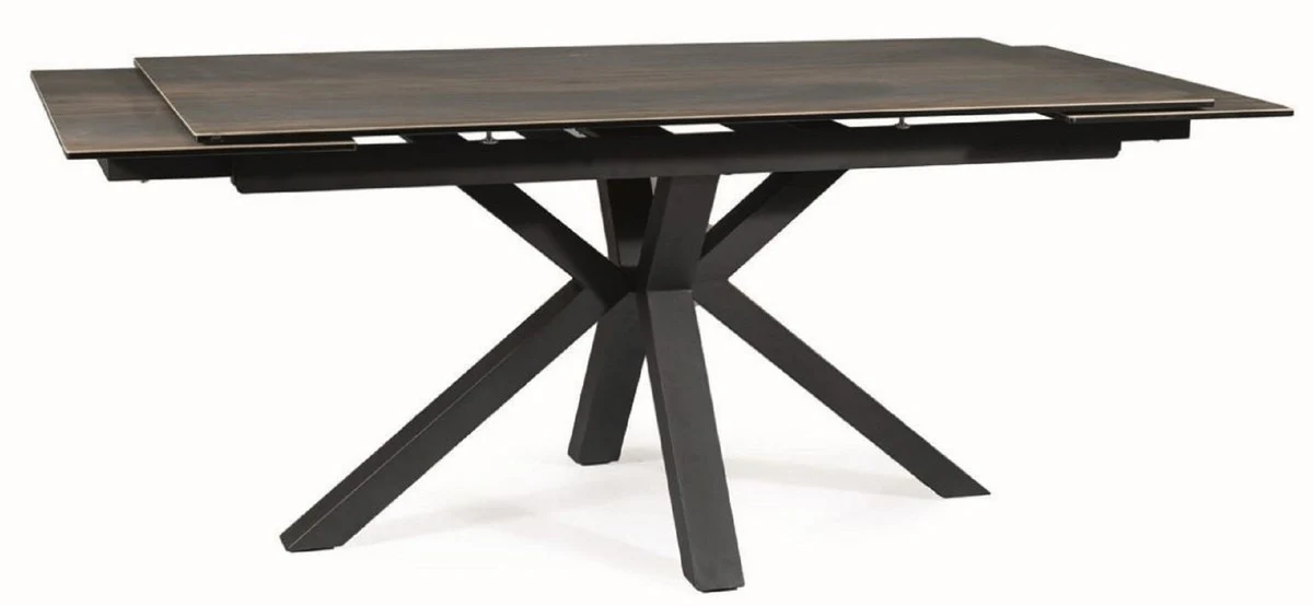 Luxus Esstisch mit gehärteter Glaskeramik Tischplatte in Holzoptik Braun / Matt Schwarz 160-240 x 90 x H. 76 cm - Ausziehbarer Küchentisch - Esszimmer Möbel - Luxus Möbel