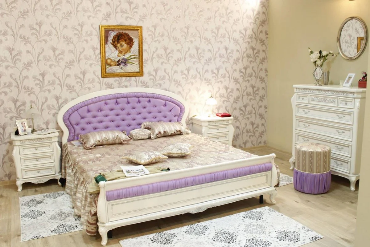 Luxus Barock Kommode Weiß / Grau / Lila / Silber - Prunkvolle Barockstil Schlafzimmer Kommode - Luxus Schlafzimmer Möbel im Barockstil - Barock Schlafzimmer Möbel