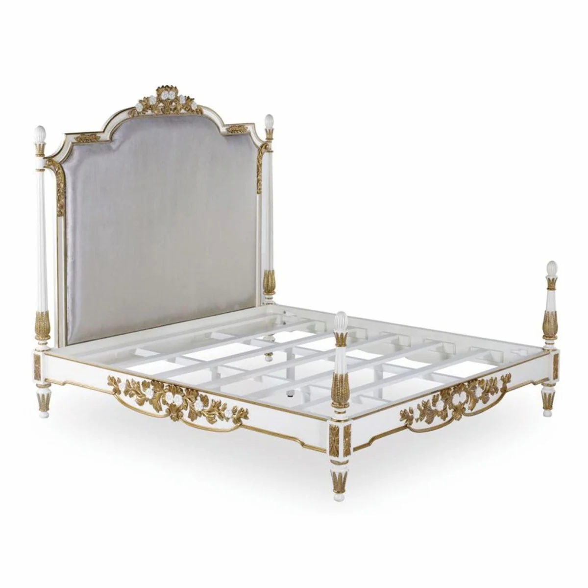 Luxus Barock Doppelbett Weiß / Gold / Silbergrau - Barockstil Schlafzimmer Möbel