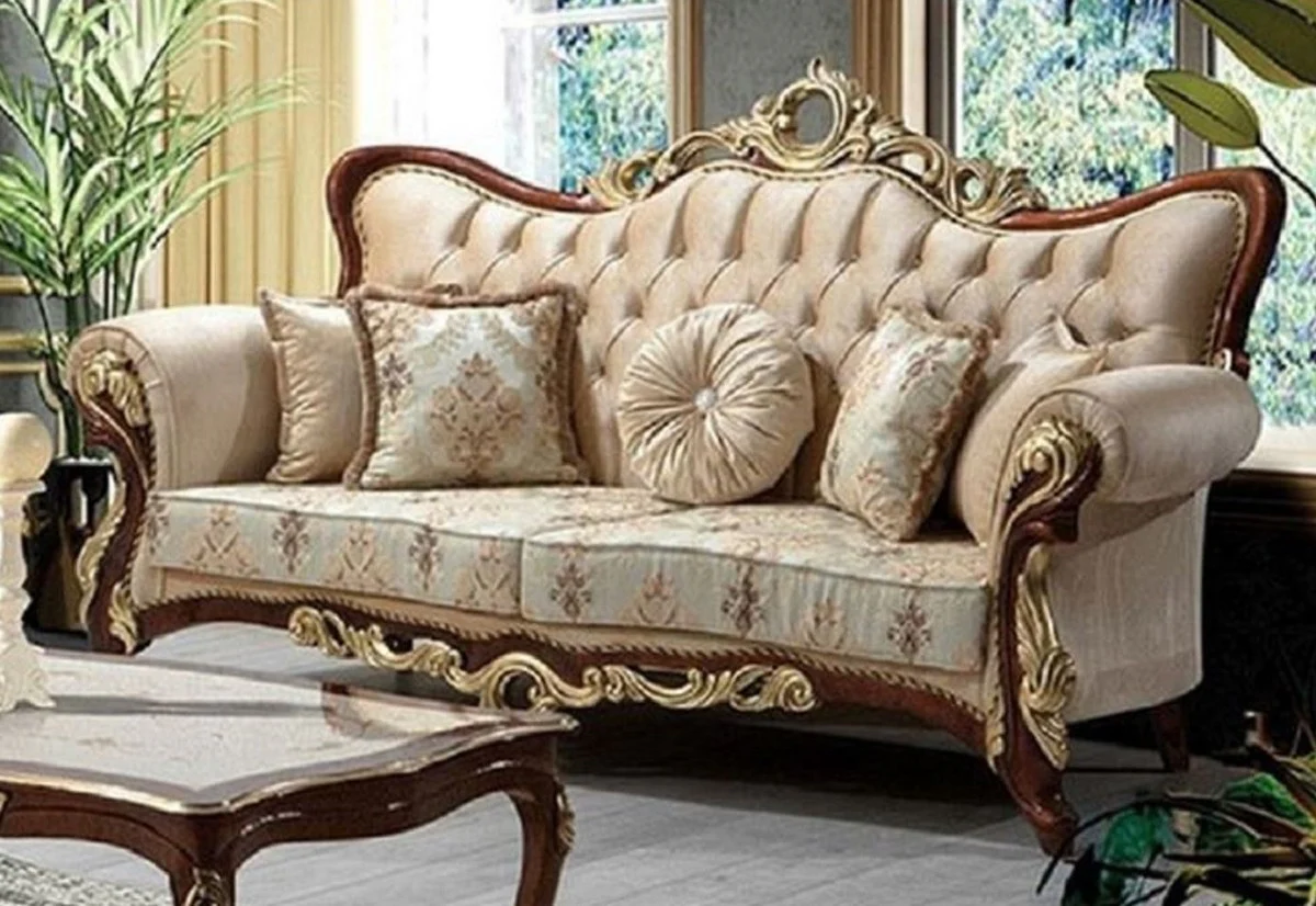 Luxus Barock Sofa Beige / Braun / Gold 230 cm - Barock Wohnzimmer Möbel