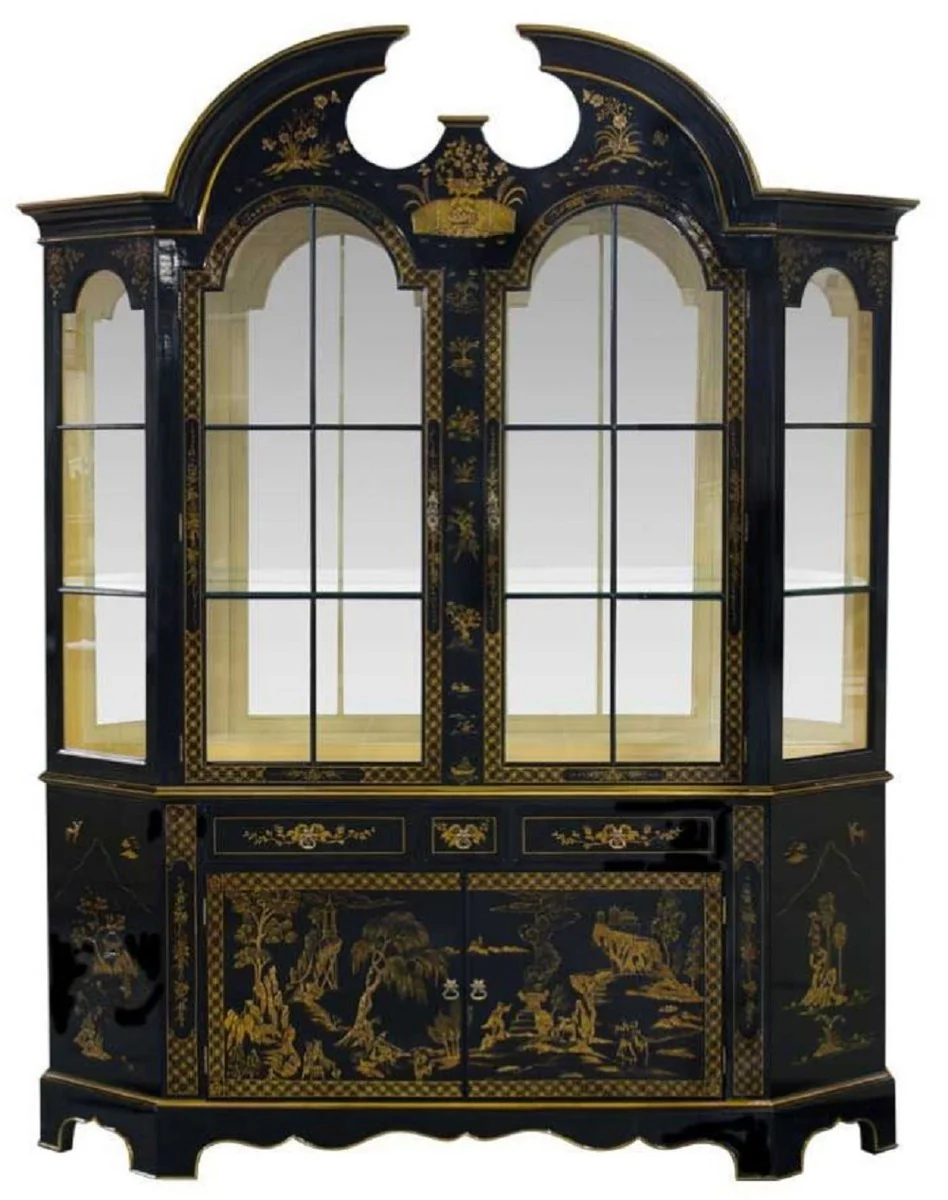 Luxus Barock Vitrine im chinesischen Stil Schwarz / Gold - Handgefertigter Barock Vitrinenschrank mit 4 Türen und 3 Schubladen - Barock Möbel - Edel & Prunkvoll