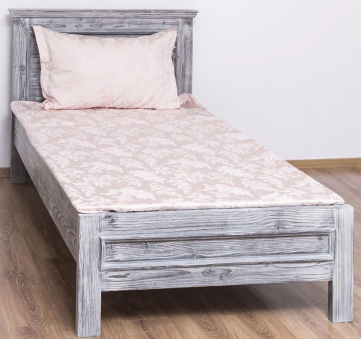 Landhausstil Massivholz Bett Antik Grau 90 x 200 x H. 93 cm - Massivholz Einzelbett - Landhausstil Schlafzimmer Möbel
