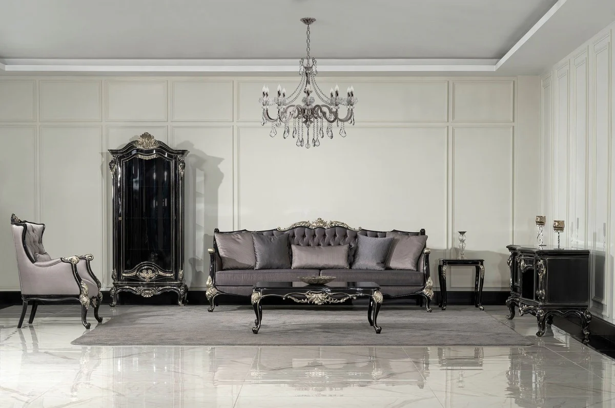 Luxus Barock Wohnzimmer Sofa Lila / Schwarz / Silber - Prunkvolles Barockstil Sofa mit dekorativen Kissen - Luxus Wohnzimmer Möbel im Barockstil - Barock Möbel