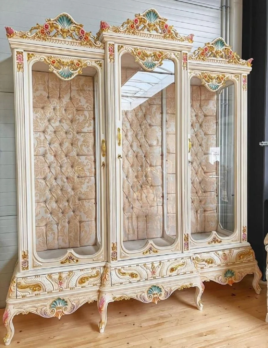 Barock Vitrine Weiß / Beige / Mehrfarbig / Gold - Handgefertigter Massivholz Vitrinenschrank mit 3 Glastüren und Glitzersteinen - Barock Möbel - Edel & Prunkvoll