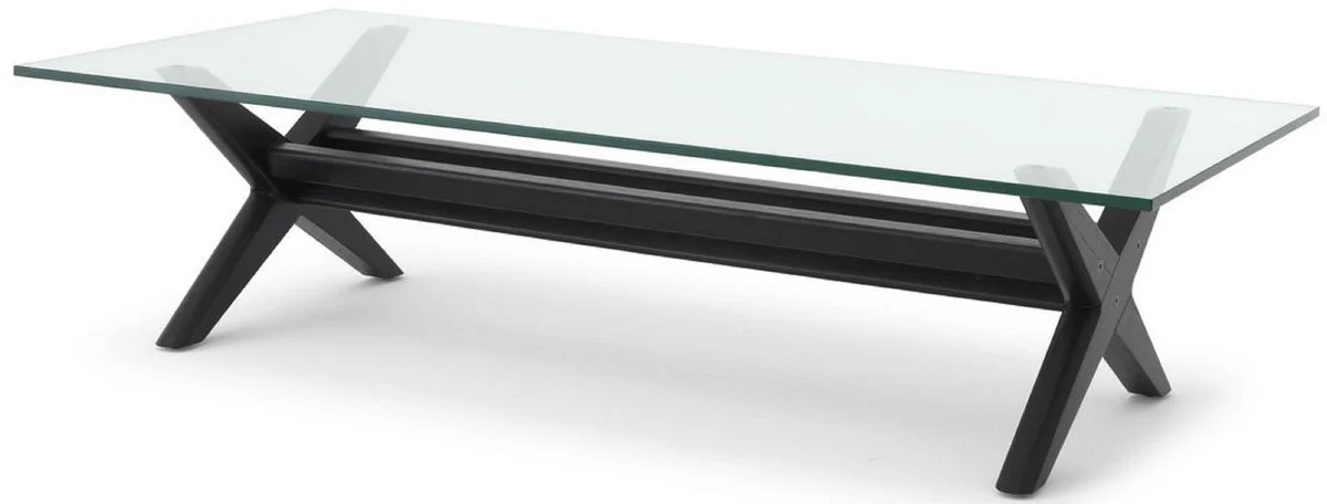 Luxus Couchtisch Schwarz 160 x 80 x H. 40,5 cm - Rechteckiger Massivholz Wohnzimmertisch mit Glasplatte - Luxus Wohnzimmer Möbel