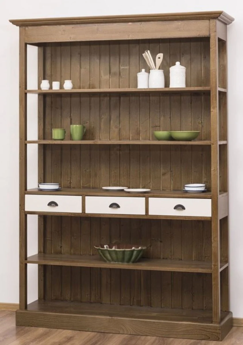 Landhausstil Regalschrank Braun / Weiß 140 x 39 x H. 197 cm - Landhausstil Schrank mit 3 Schubladen - Massivholz Küchenschrank - Landhausstil Möbel