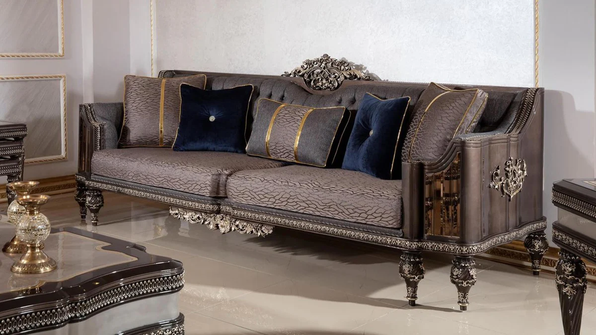 Luxus Barock Sofa Grau / Dunkelbraun / Gold - Prunkvolles Wohnzimmer Sofa mit elegantem Muster - Barock Wohnzimmer & Hotel Möbel - Edel & Prunkvoll