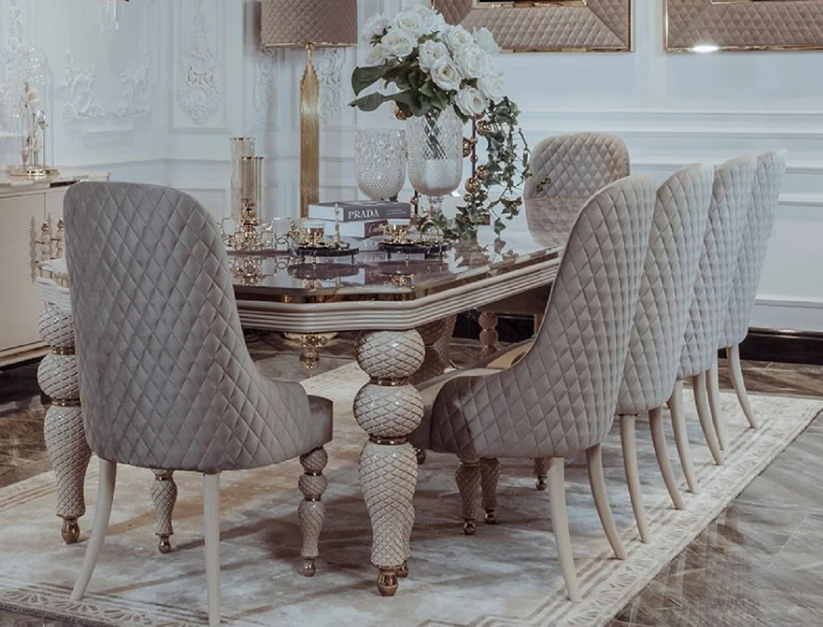 Luxus Art Deco Esszimmer Set Grau / Weiß / Gold - 1 Art Deco Esstisch mit Kunstmarmor Tischplatte & 8 Art Deco Esszimmerstühle - Art Deco Esszimmer Möbel - Luxus Qualität