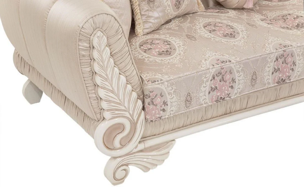 Luxus Barock Sofa Beige / Creme / Rosa 227 x 87 x H. 107 cm - Wohnzimmer Sofa mit dekorativen Kissen - Wohnzimmermöbel im Barockstil