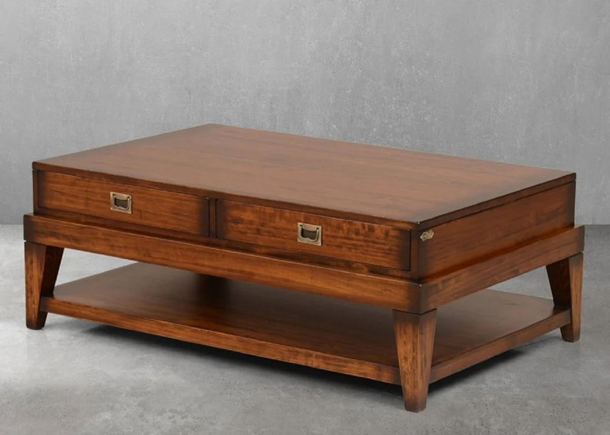 Luxus Vintage Stil Couchtisch Braun / Messing 124 x 79 x H. 49 cm - Rechteckiger Massivholz Wohnzimmertisch mit Schubladen - Vintage Stil Wohnzimmer Möbel - Luxus Möbel