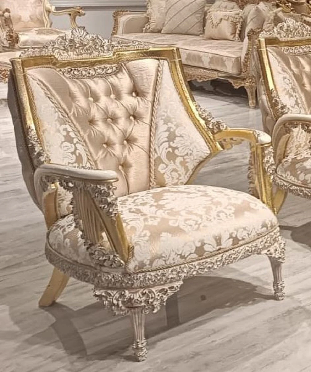 Luxus Barock Wohnzimmer Set Gold / Weiß - 2 Barock Sofas & 2 Barock Sessel & 1 Barock Couchtisch - Luxus Wohnzimmer Möbel im Barockstil - Edel & Prunkvoll