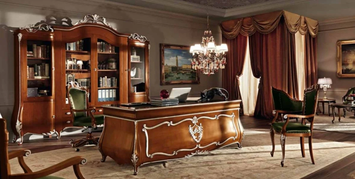 Luxus Barock Schrank mit 4 Glastüren Braun / Silber - Massivholz Regalschrank - Bücherschrank - Wohnzimmerschrank - Büroschrank - Barock Möbel - Luxus Qualität - Made in Italy