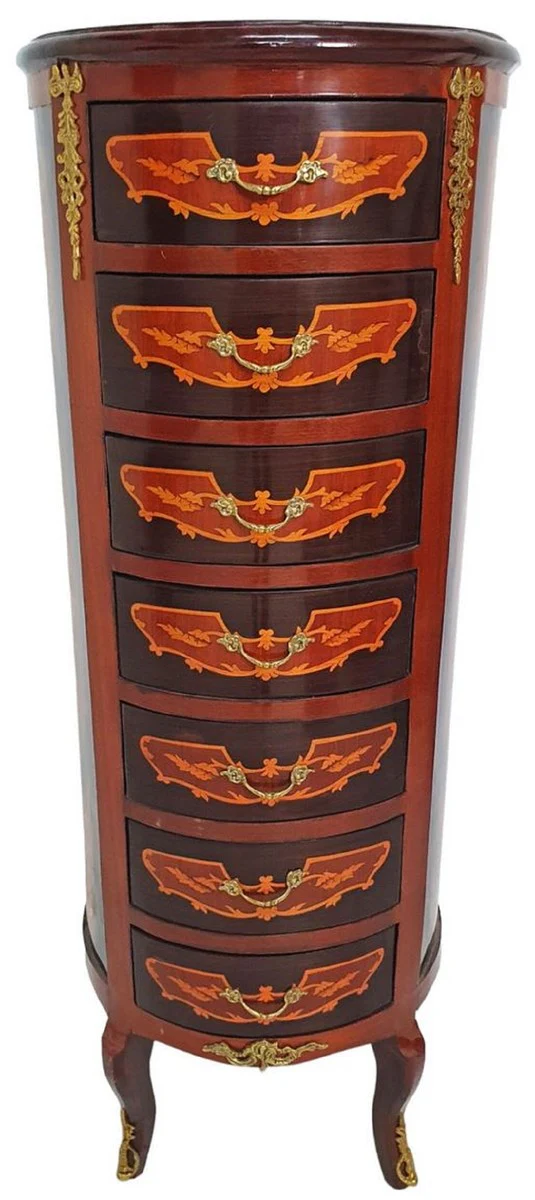Barock Kommode mit 7 Schubladen Braun / Gold - Runder Massivholz Schrank im Barockstil - Wohnzimmer Möbel im Barockstil - Barock Möbel - Barock Einrichtung
