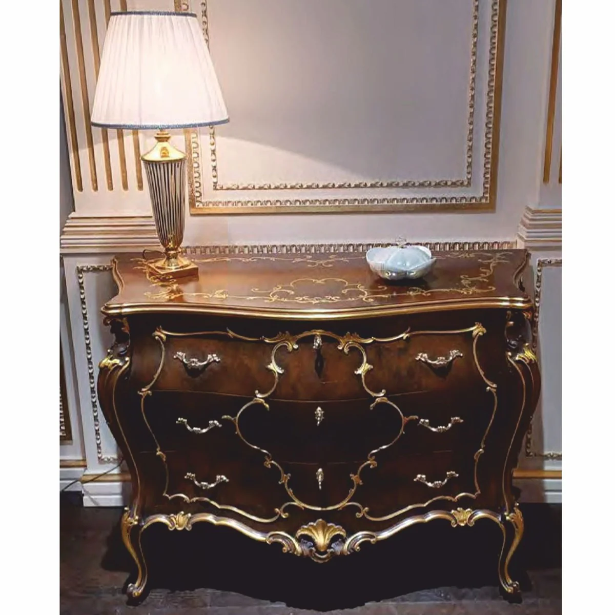 Luxus Barock Kommode mit 3 Schubladen Braun / Gold 123 cm - Made in Italy