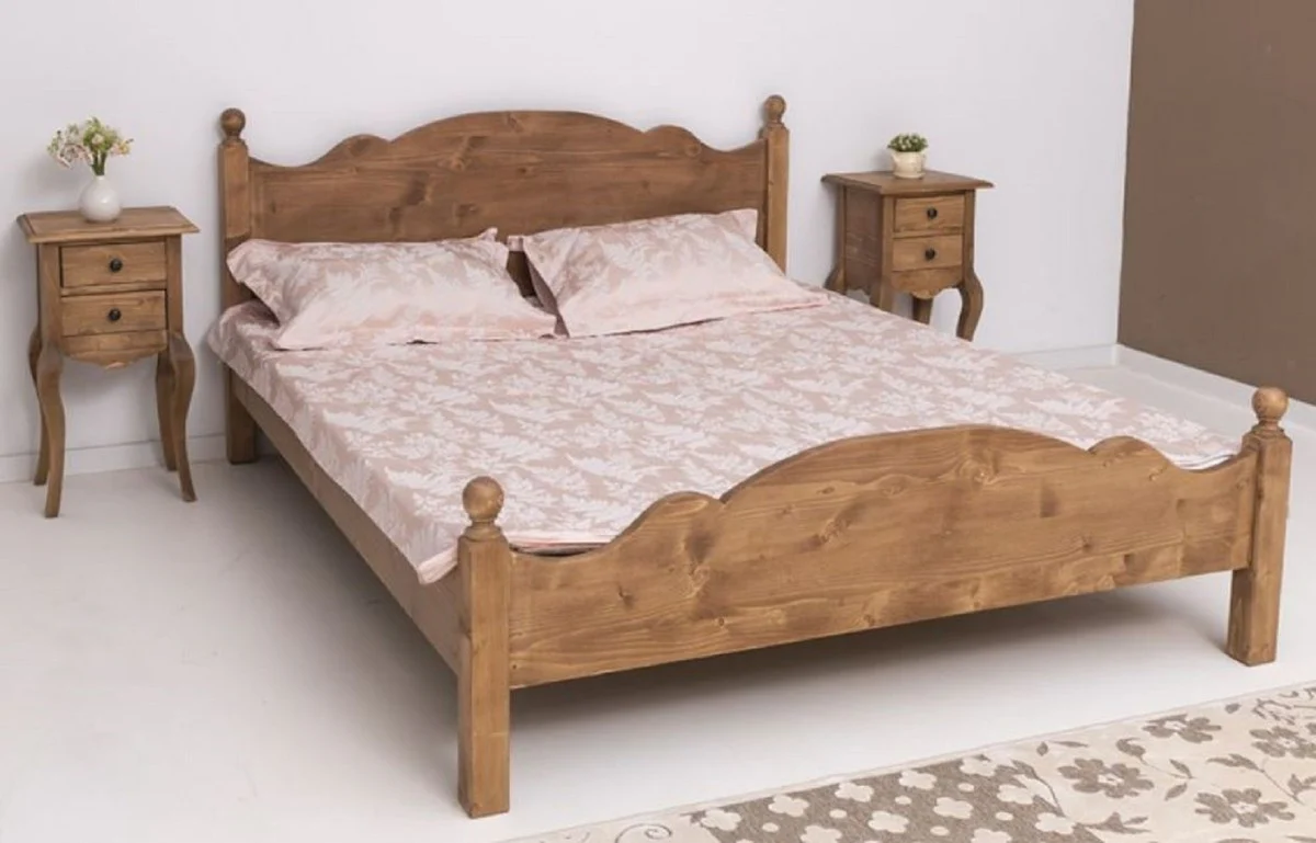 Landhausstil Massivholz Schlafzimmer Set Braun - 1 Landhausstil Doppelbett & 2 Landhausstil Nachttische - Massivholz Schlafzimmer Möbel - Schlafzimmer Möbel im Landhausstil