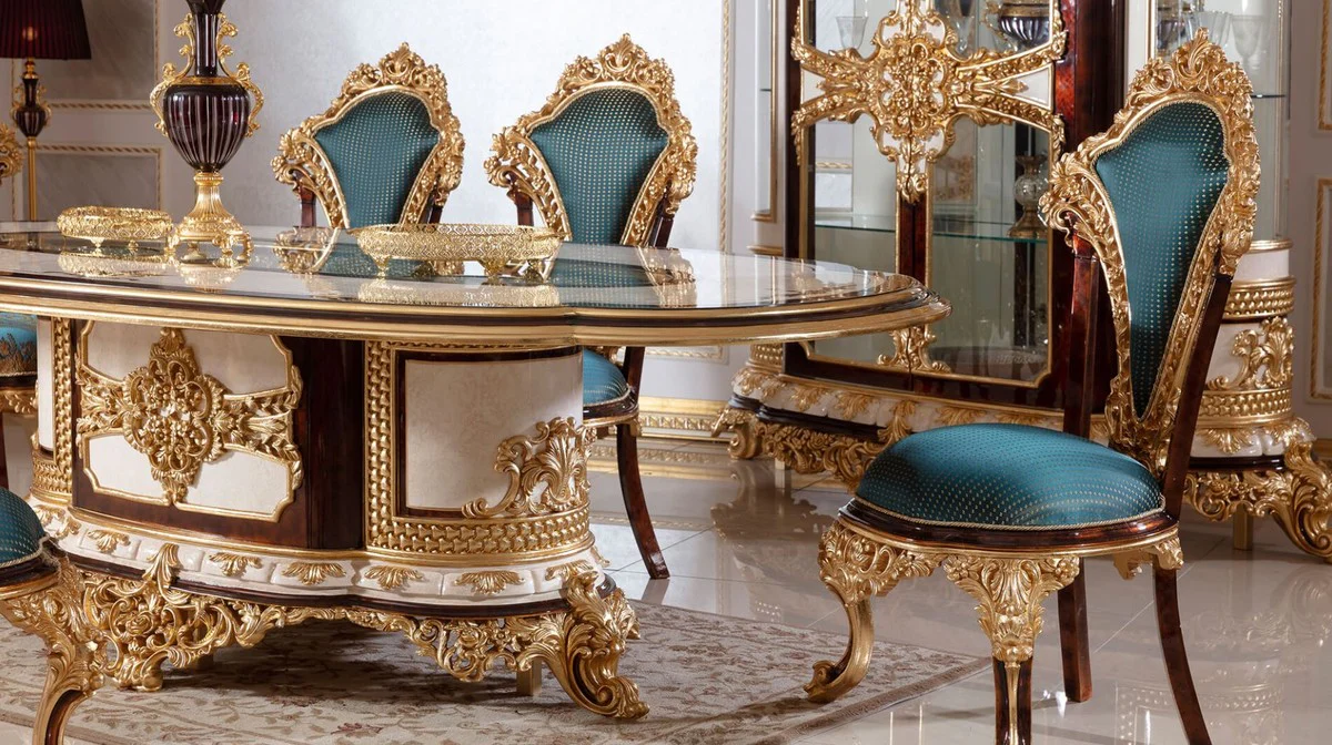 Luxus Barock Esszimmer Set Weiß / Braun / Blau / Gold - 1 Barock Esstisch & 6 Barock Esszimmerstühle - Barock Esszimmer Möbel - Edel & Prunkvoll