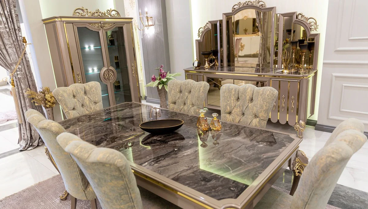 Luxus Barock Esszimmer Set Grün / Gold / Grau - 1 Esstisch & 6 Esszimmerstühle - Prunkvolle Esszimmermöbel im Barockstil - Luxus Qualität