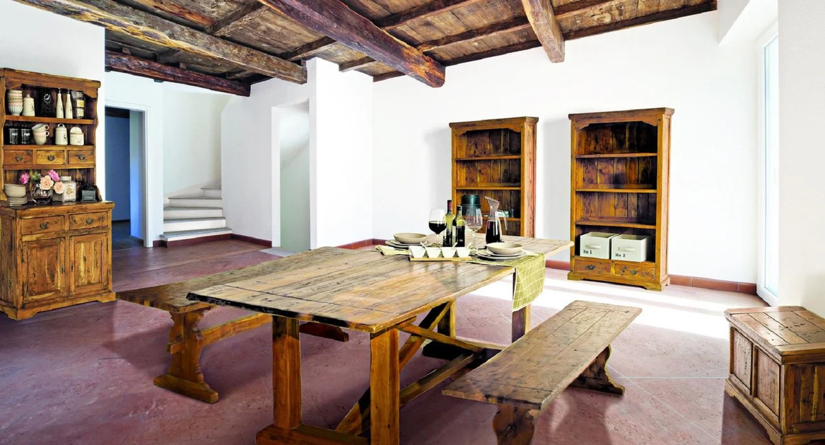 Landhausstil Bücherschrank Braun / Naturfarben 100 x 35 x H. 185 cm - Massivholz Schrank - Regalschrank - Wohnzimmerschrank - Büroschrank - Landhausstil Möbel