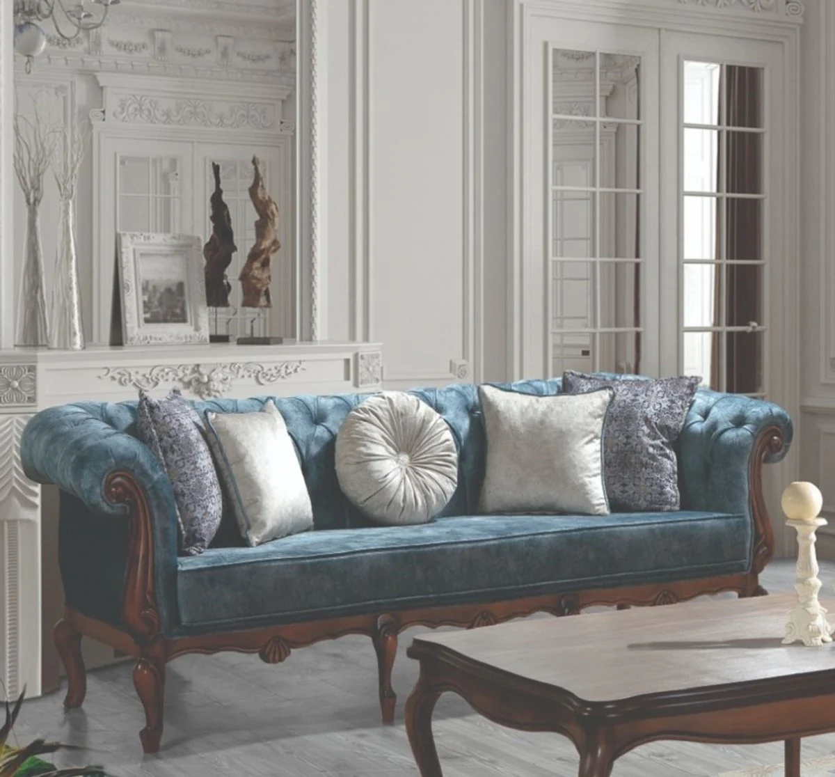 Luxus Barock Wohnzimmer Set Blau / Grau / Braun - 2 Sofas & 2 Sessel & 1 Couchtisch - Wohnzimmer Möbel im Barockstil - Edel & Prunkvoll