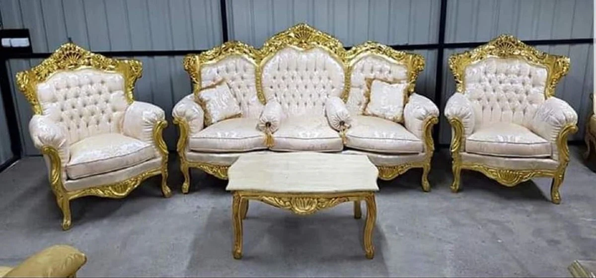 Barock Sofa Creme Muster / Gold - Prunkvolles Wohnzimmer Sofa mit elegantem Muster und Glitzersteinen - Wohnzimmer Möbel im Barockstil - Barock Möbel - Edel & Prunkvoll