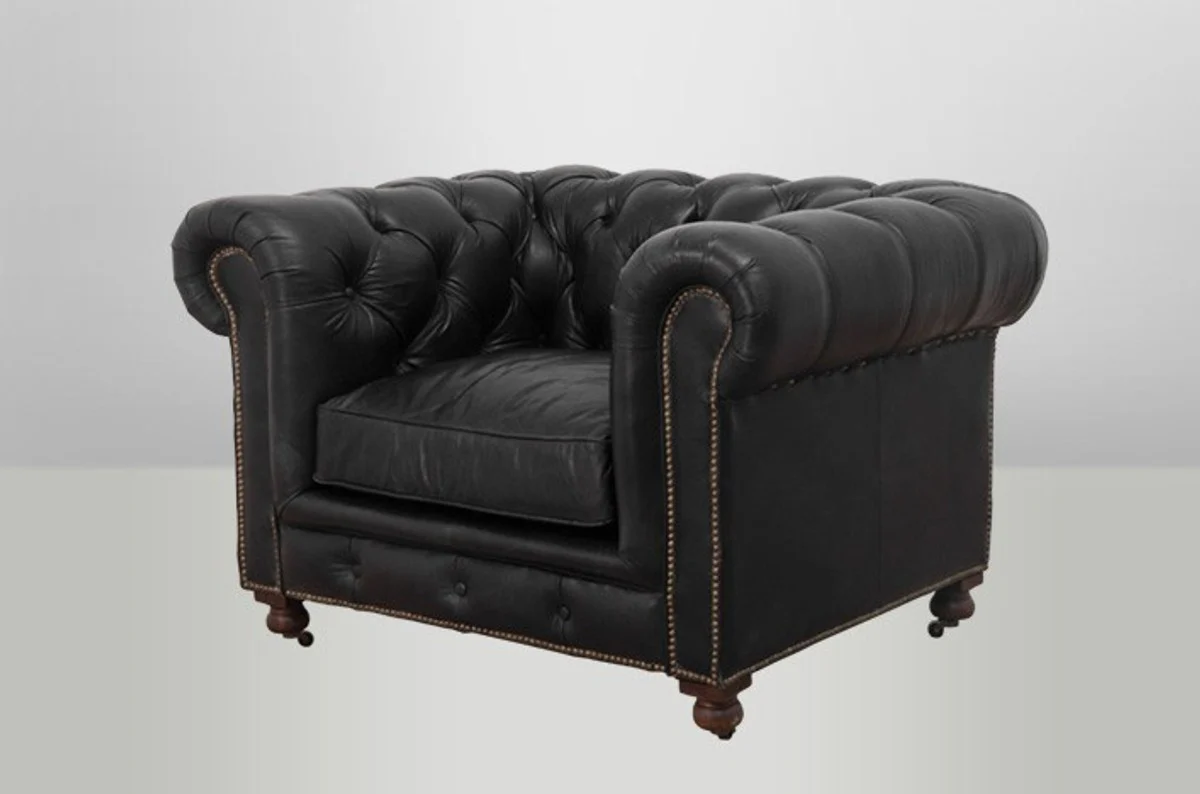 Chesterfield Luxus Echt Leder Sessel Vintage Leder von Old Saddle Black - Club Sessel