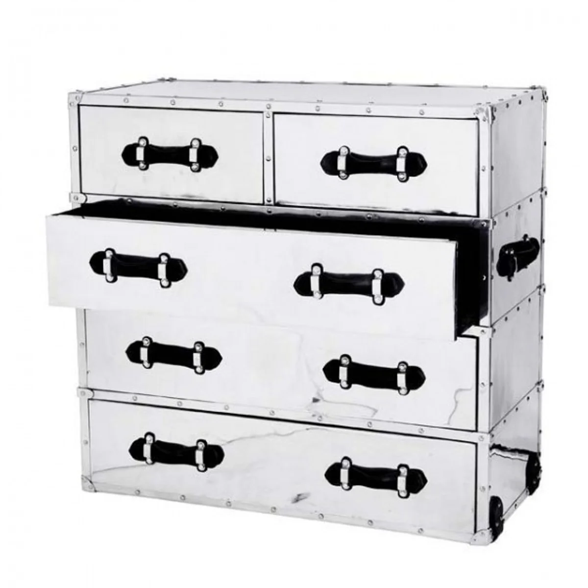 Luxus Schubladen Schrank Vintage Flieger Design Aluminium / Schwarz - Kommode - Art Deco Barock Jugendstil Kofferschrank