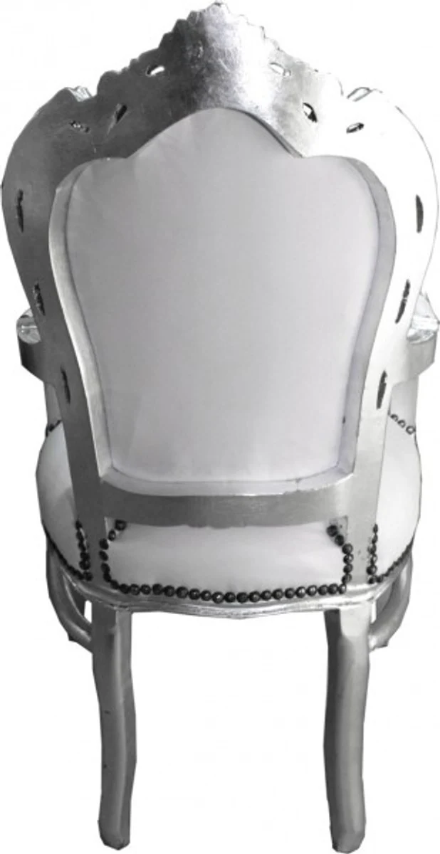 Barock Esszimmer Stuhl mit Armlehnen Weiß / Silber Lederoptik - Möbel Antik Stil