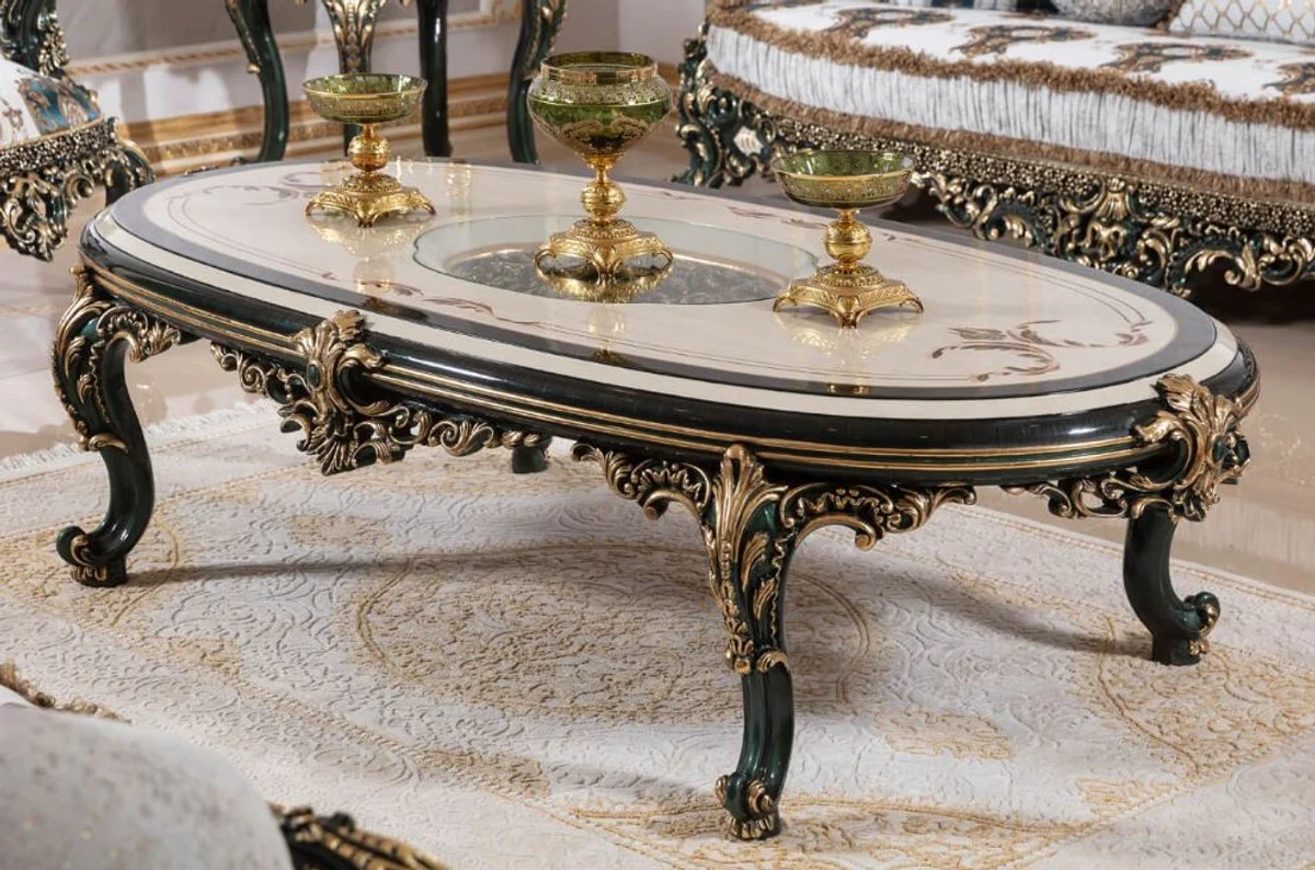 Luxus Barock Couchtisch Beige / Weiß / Grün / Gold - Prunkvoller Massivholz Wohnzimmertisch mit Glasplatte - Barock Wohnzimmer Möbel - Edel & Prunkvoll