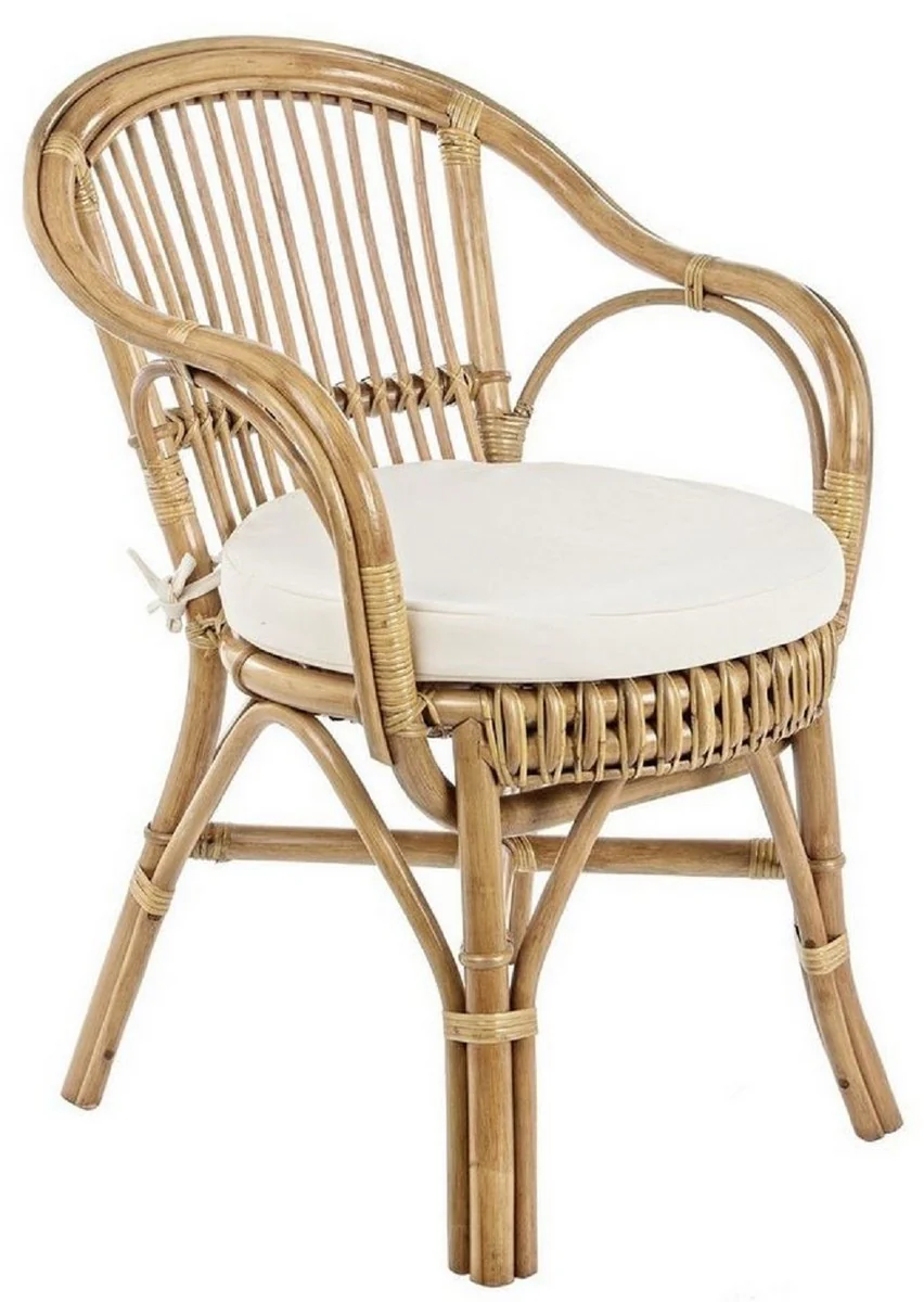 Luxus Gartenstuhl 4er Set Naturfarben / Weiß 57 x 61 x H. 80 cm - Rattan Stühle mit Armlehnen und Sitzkissen - Moderne Rattan Garten & Terrassen Möbel