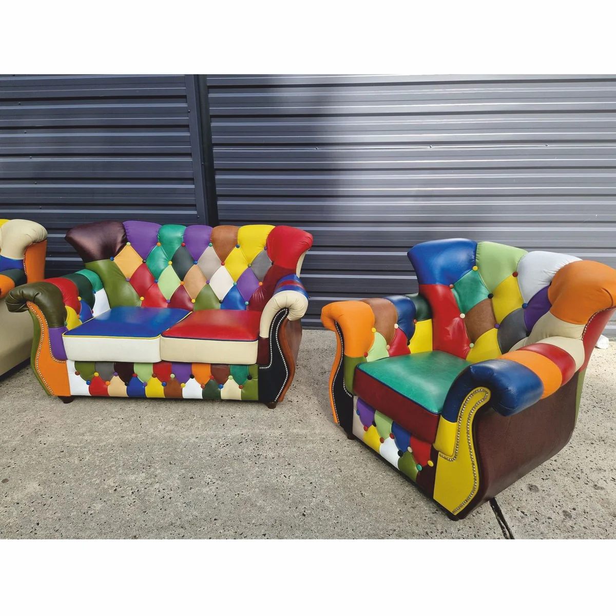 Luxus Chesterfield Leder 2er Sofa Bunt / Dunkelbraun 150 cm - Patchwork Echtleder Möbel