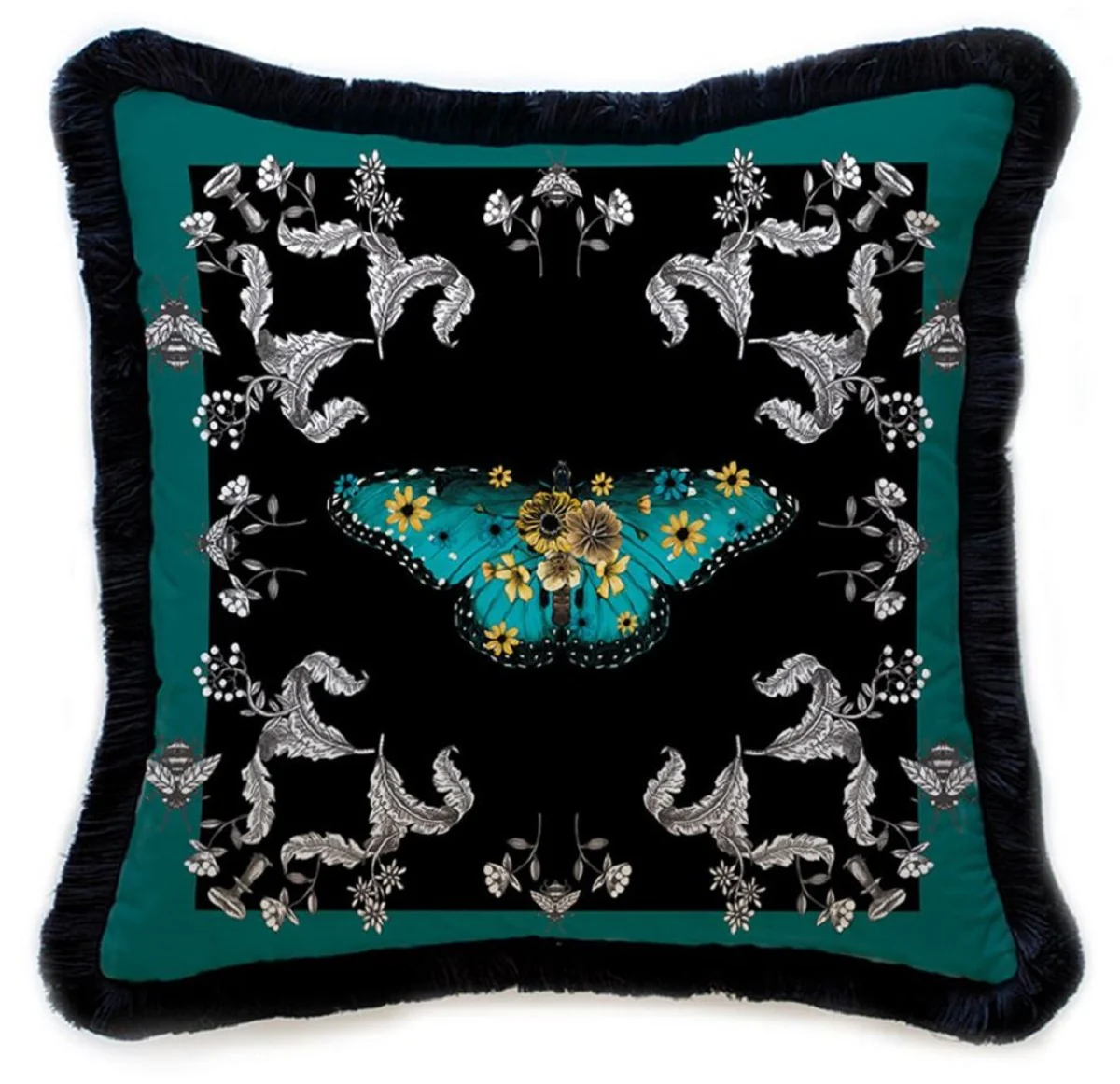 Luxus Deko Kissen Schmetterling & Blumen Mehrfarbig / Schwarz 45 x 45 cm - Bedrucktes Samt Kissen mit Fransen - Luxus Deko Accessoires